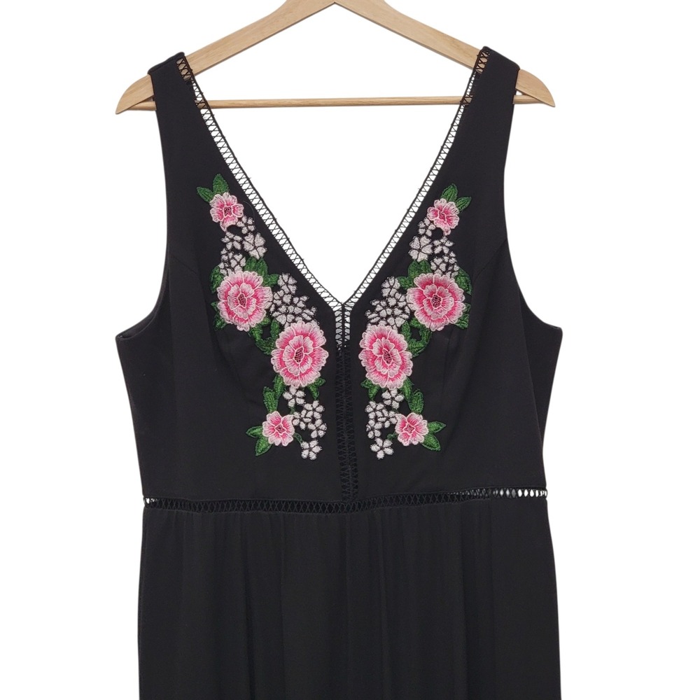 Boho Whimsigoth Maxi Dress Romantic Black Floral Embroidered Sleeveless Resort - Picture 4 of 10